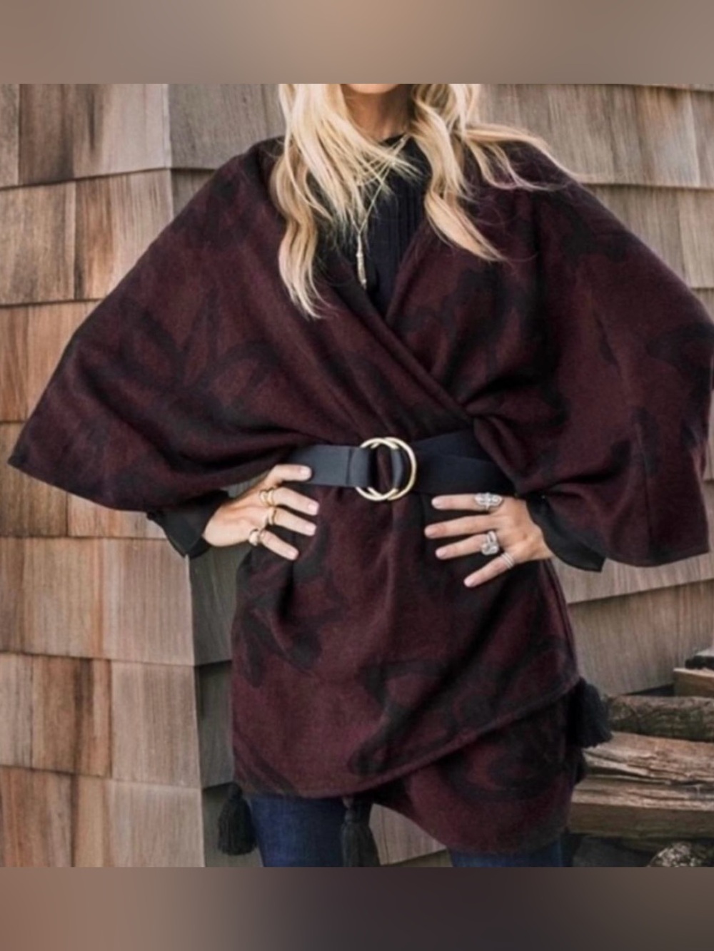 Cleobella Burgundy and Black Open Poncho - Size OS